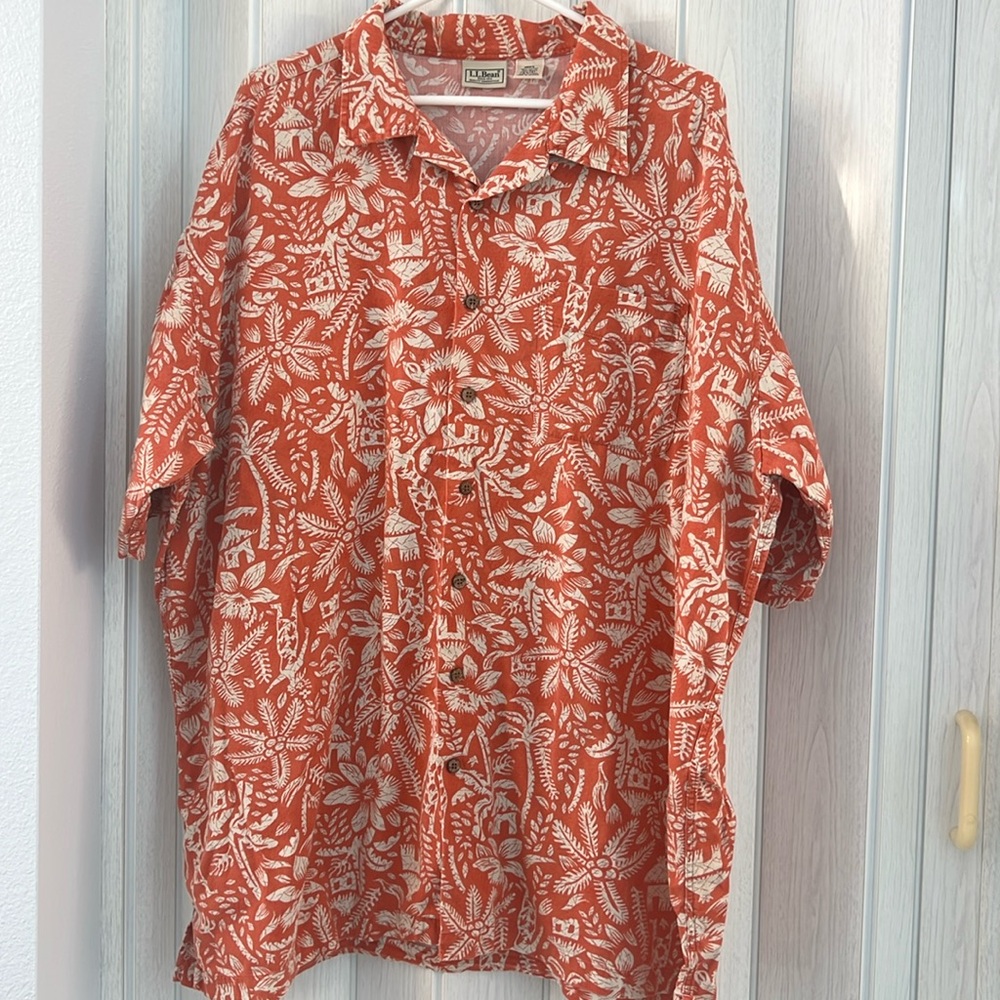 Vintage L.L. Bean Shirt Men's XXL-Tall Orange Hawaiian Button Up Short Sleeve